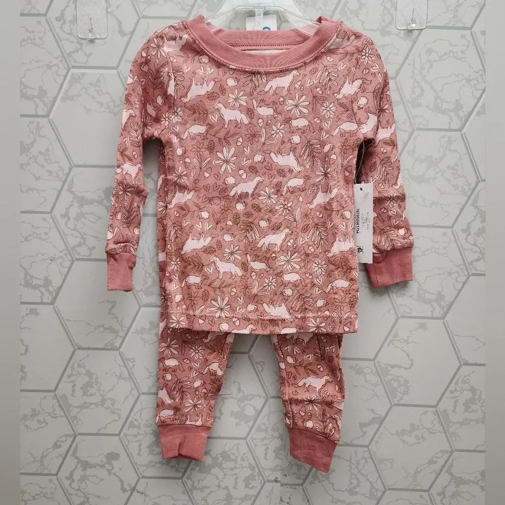 Nwt Wonder Nation Baby Girl's 100% Cotton Pink Fox Pajama Set,  Size 12 months